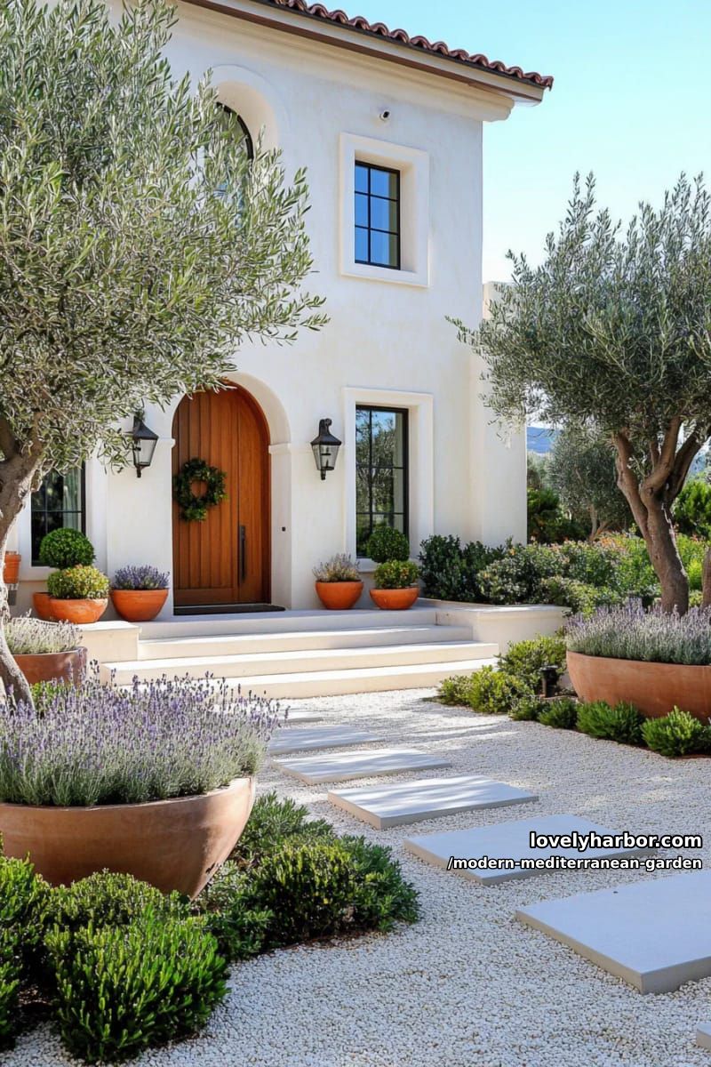 modern mediterranean front yard, mature olive trees, concrete stepping stones, succulents, gravel. 1