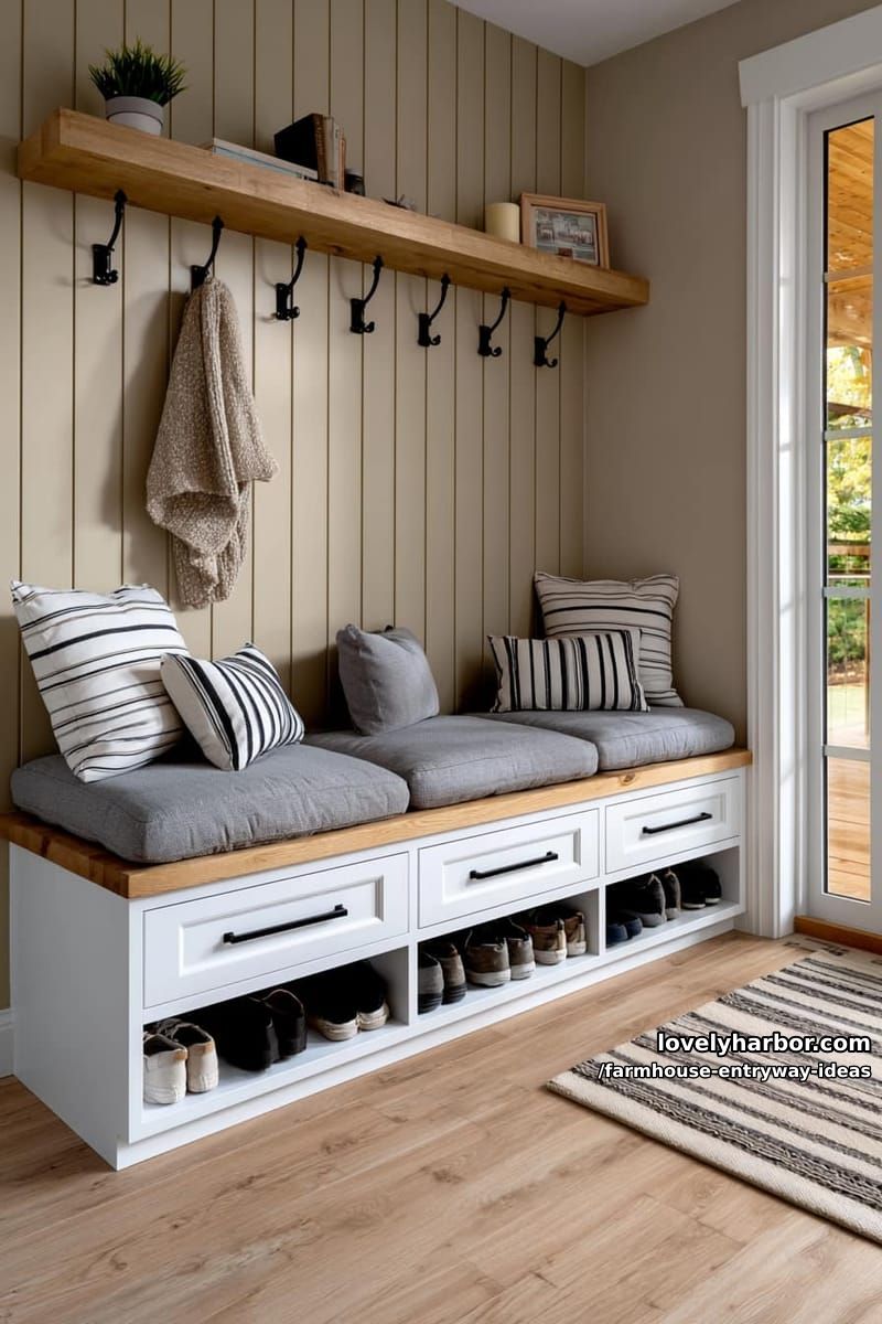 modern mudroom with built-in bench, striped pillows, cubbies, and hooks. 1