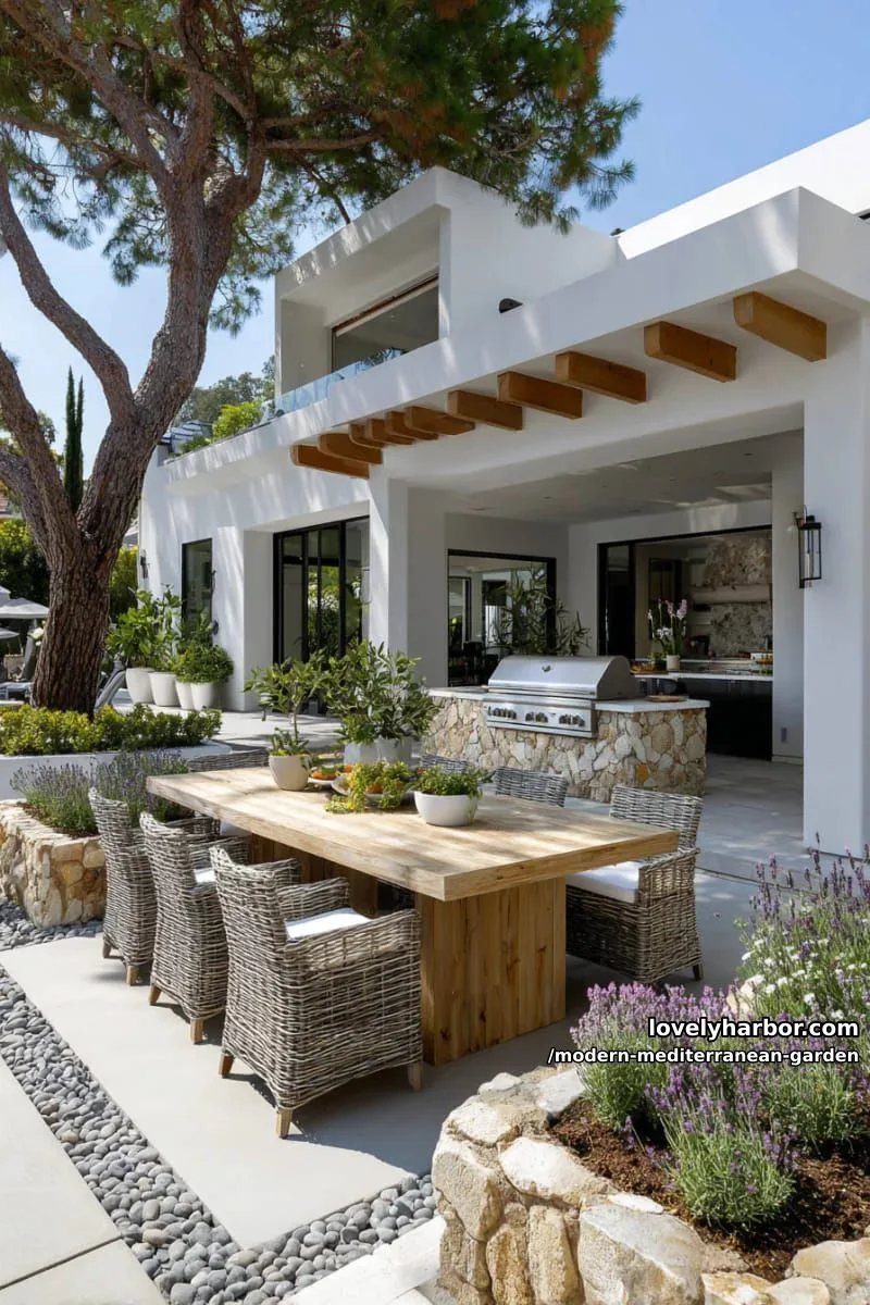 modern patio with white house, outdoor kitchen, dining area, lush mediterranean landscaping. 1