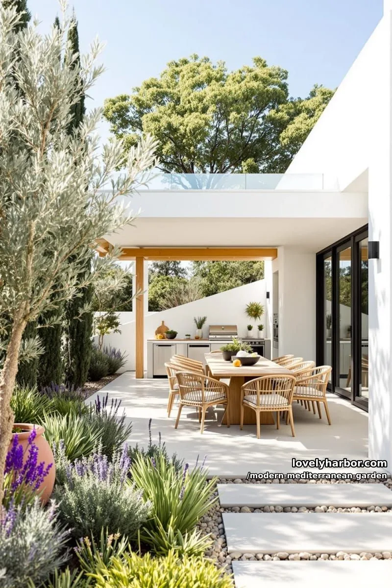 modern patio with white house, outdoor kitchen, dining area, lush mediterranean landscaping. 1