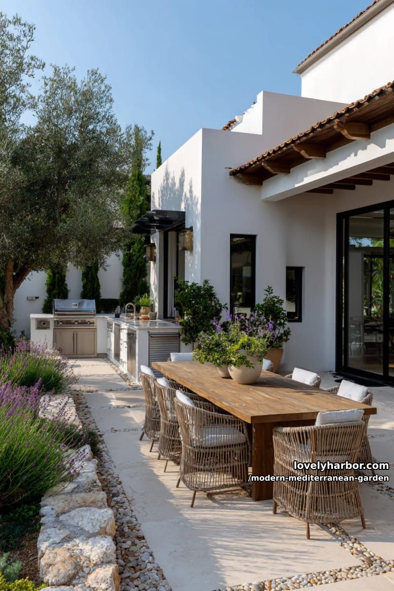 modern patio with white house, outdoor kitchen, dining area, lush mediterranean landscaping. 1