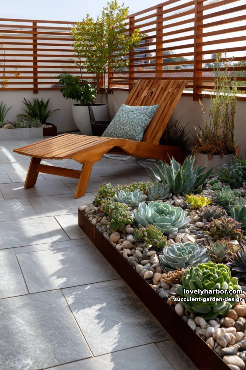modern patio with wooden lounge chair and succulent garden bed. 1