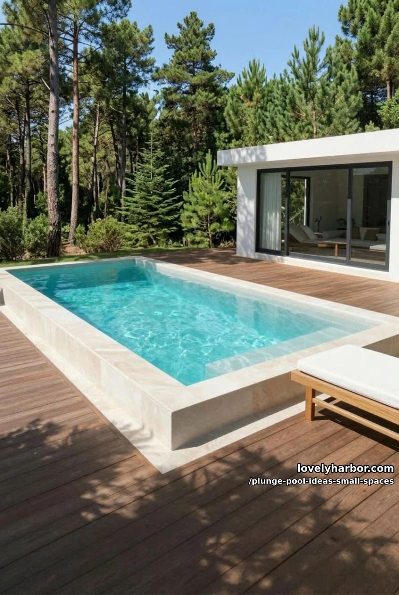 modern plunge pool with turquoise water, wooden deck, and pine trees. 1