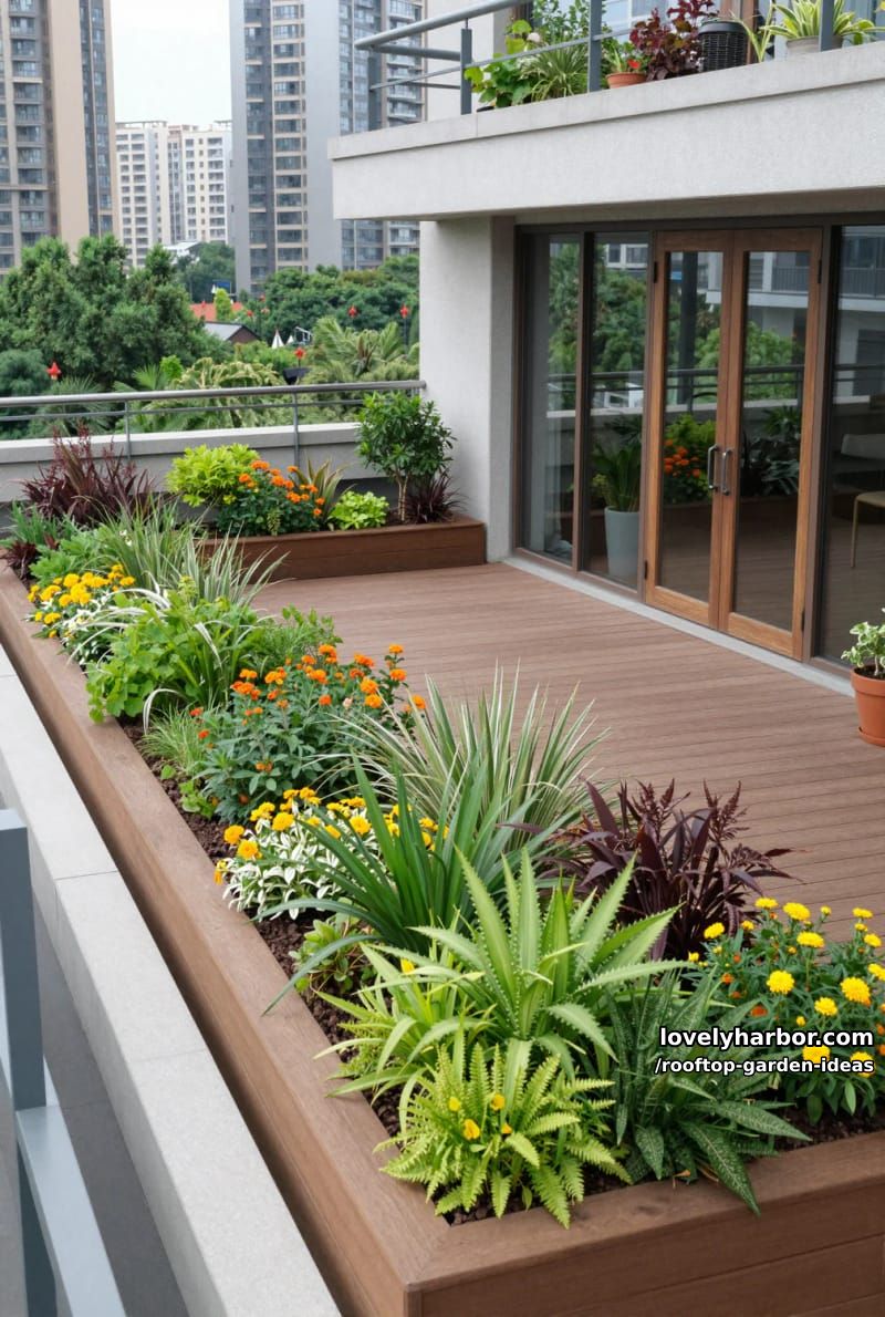 modern rooftop garden with wooden deck, raised beds, and city views. 1