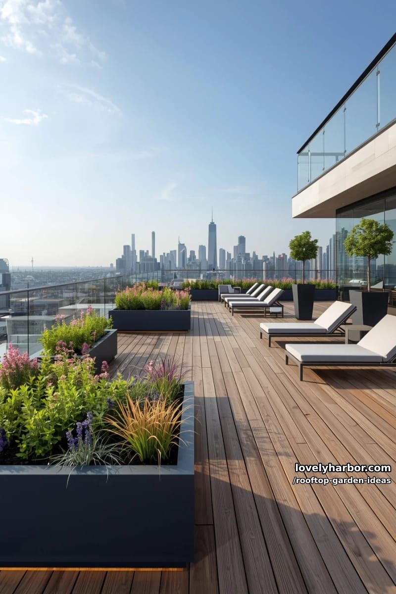 modern rooftop garden with wooden deck, raised beds, and city views. 1