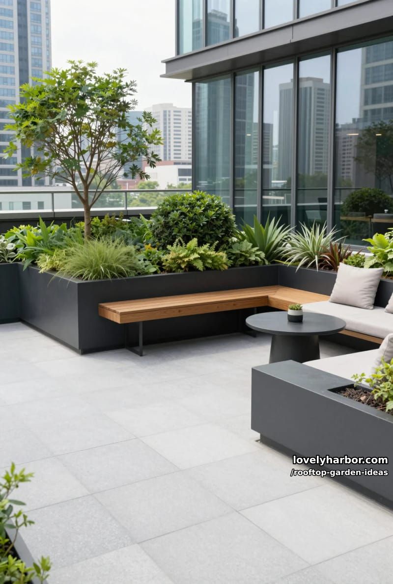 modern rooftop with black planters, shrubs, seating area, and city skyline. 1