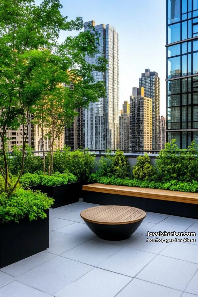 modern rooftop with black planters, shrubs, seating area, and city skyline. 1