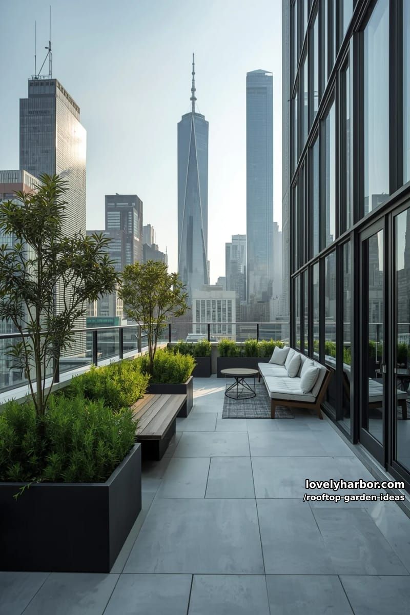 modern rooftop with black planters, shrubs, seating area, and city skyline. 1