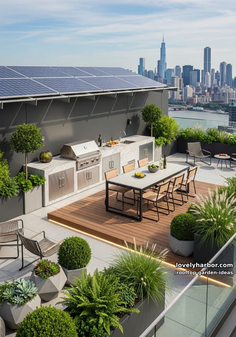 modern rooftop with outdoor kitchen, dining table, and solar panels. 1
