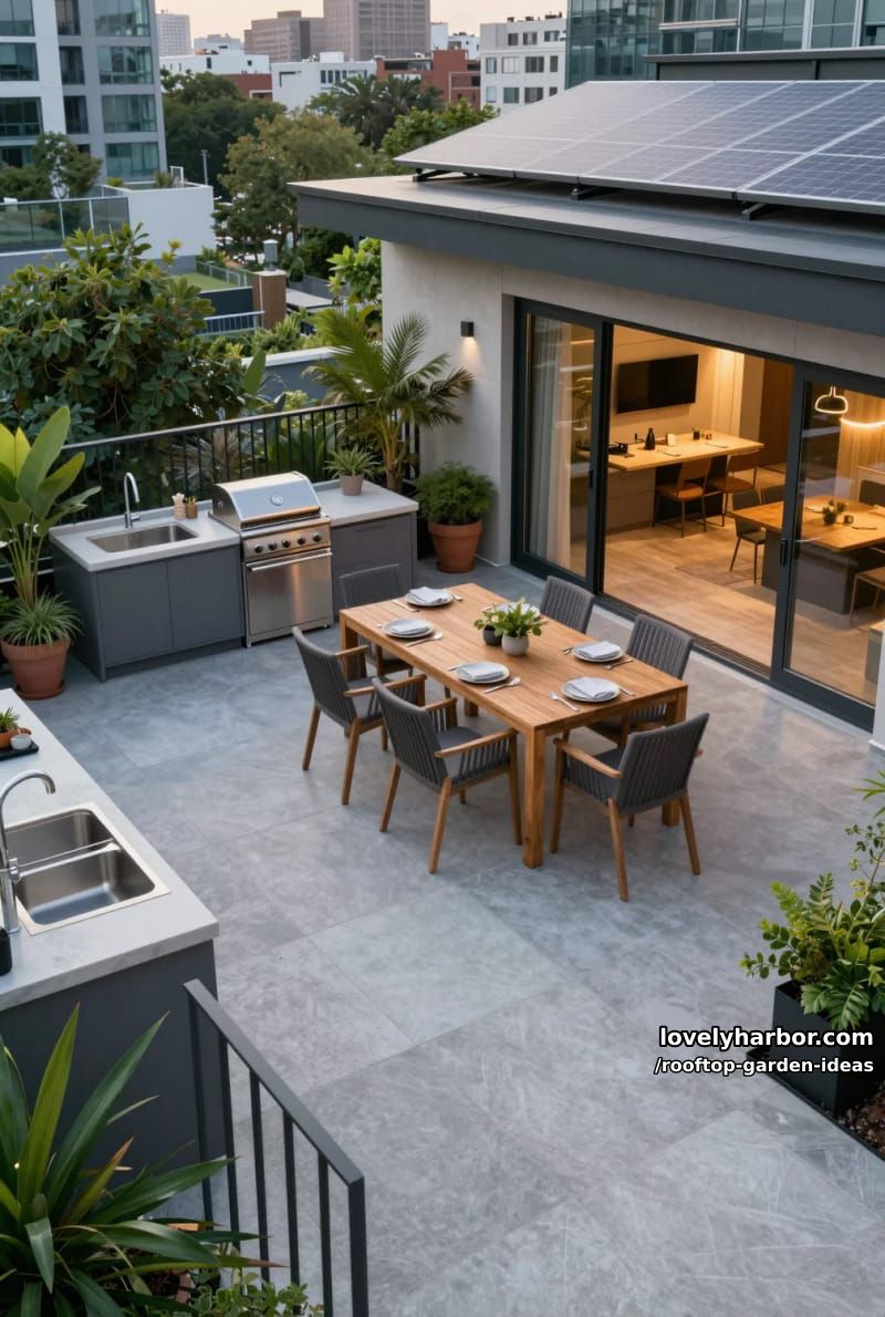 modern rooftop with outdoor kitchen, dining table, and solar panels. 1