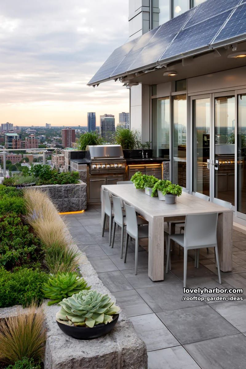 modern rooftop with outdoor kitchen, dining table, and solar panels. 1