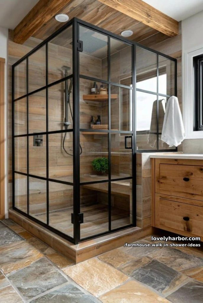 modern rustic bathroom with glass shower, wood-look tiles, black fixtures, and bench. 60