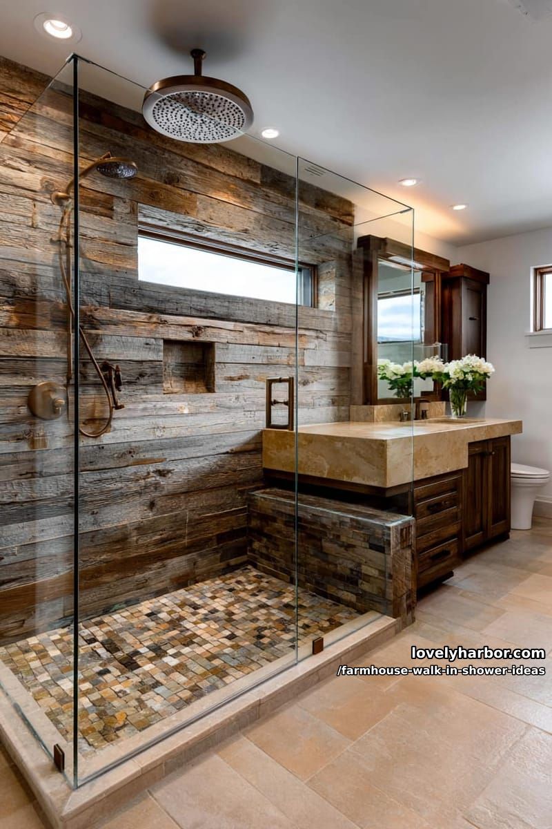 modern rustic bathroom with glass shower, wood plank walls, bronze rain shower, and bench. 1