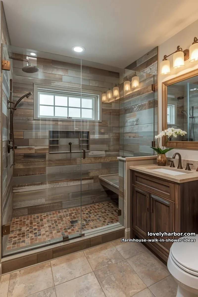 modern rustic bathroom with glass shower, wood plank walls, bronze rain shower, and bench. 1