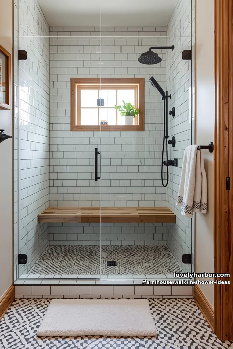 modern rustic bathroom with subway tiles, black grout, black fixtures, and wood accents. 1