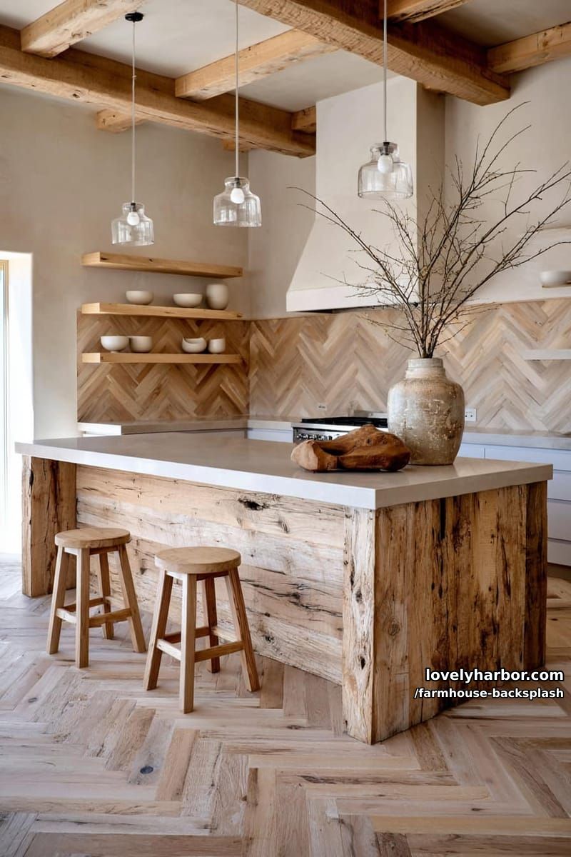 modern rustic kitchen with central island and chevron wood accents. 1