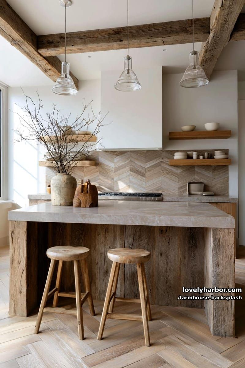 modern rustic kitchen with central island and chevron wood accents. 1