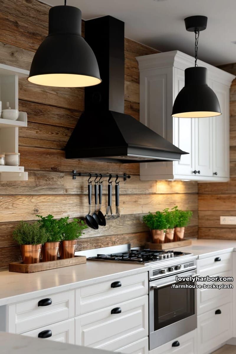 modern rustic kitchen with wood plank backsplash, black range hood, and copper planters. 1