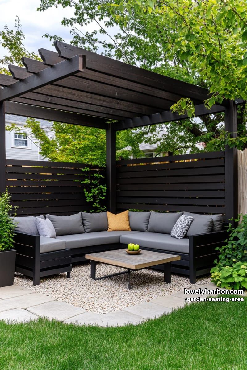 modern seating nook with charcoal pergola, privacy screens, l-shaped sofa, planters 1