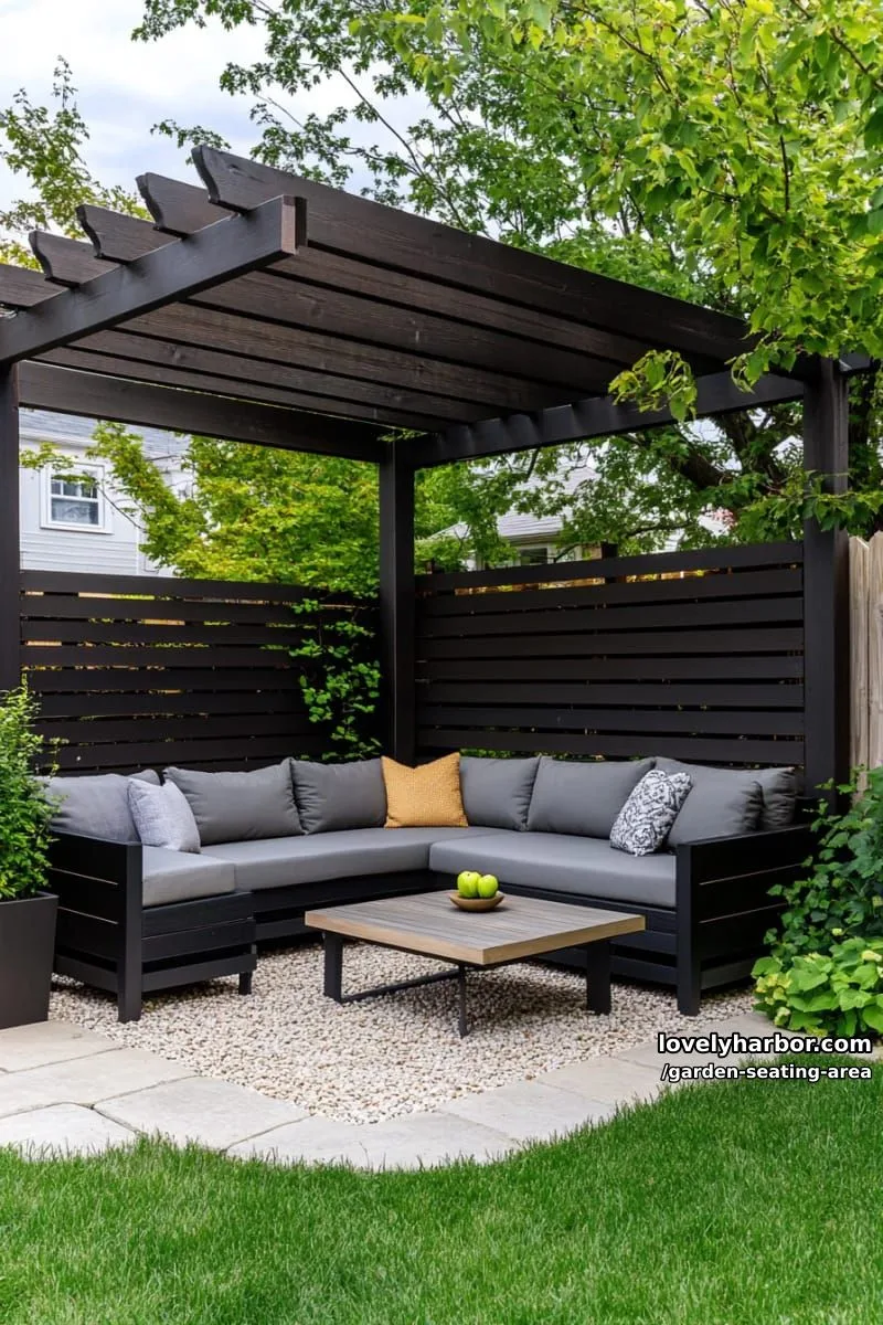 modern seating nook with charcoal pergola, privacy screens, l-shaped sofa, planters 1