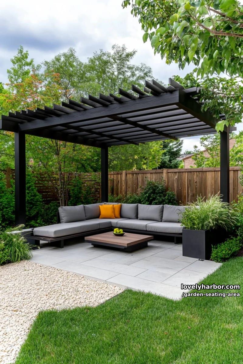 modern seating nook with charcoal pergola, privacy screens, l-shaped sofa, planters 1