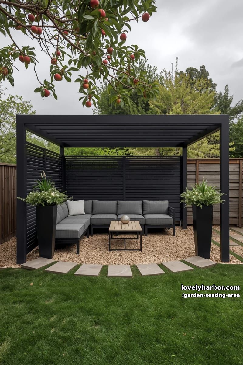 modern seating nook with charcoal pergola, privacy screens, l-shaped sofa, planters 1