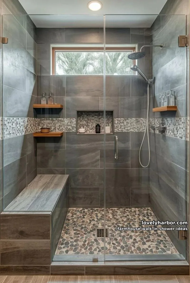 modern shower with frameless glass, grey slate tiles, stone bench, and spa vibe. 1