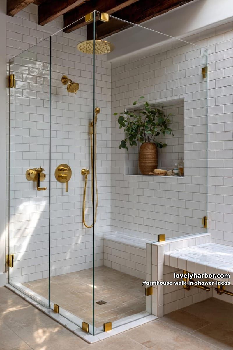 modern shower with glass enclosure, gold hardware, subway tiles, and wood ceiling beams. 1