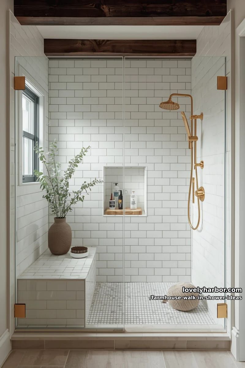 modern shower with glass enclosure, gold hardware, subway tiles, and wood ceiling beams. 1