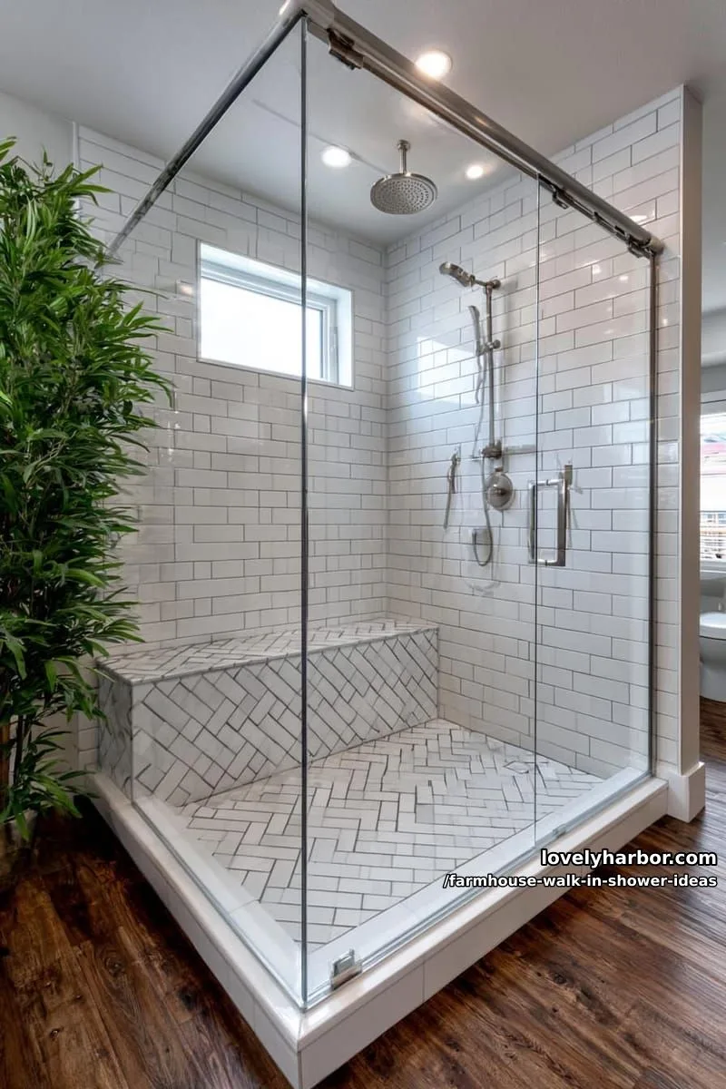 modern shower with glass enclosure, white subway tiles, herringbone accents, and wood flooring. 1
