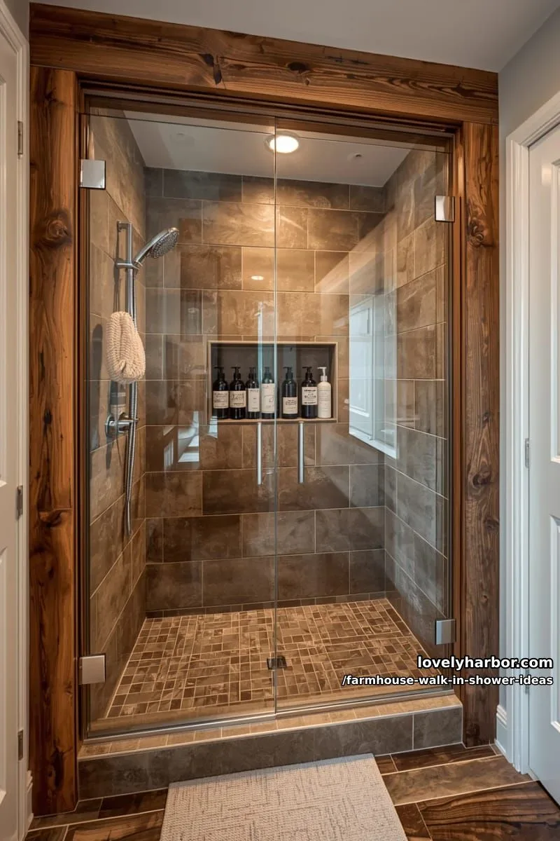 modern shower with rustic wood framing, wood-look tiles, recessed shelf, and chrome fixtures. 1