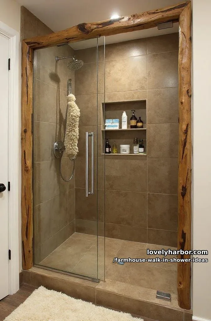 modern shower with rustic wood framing, wood-look tiles, recessed shelf, and chrome fixtures. 1