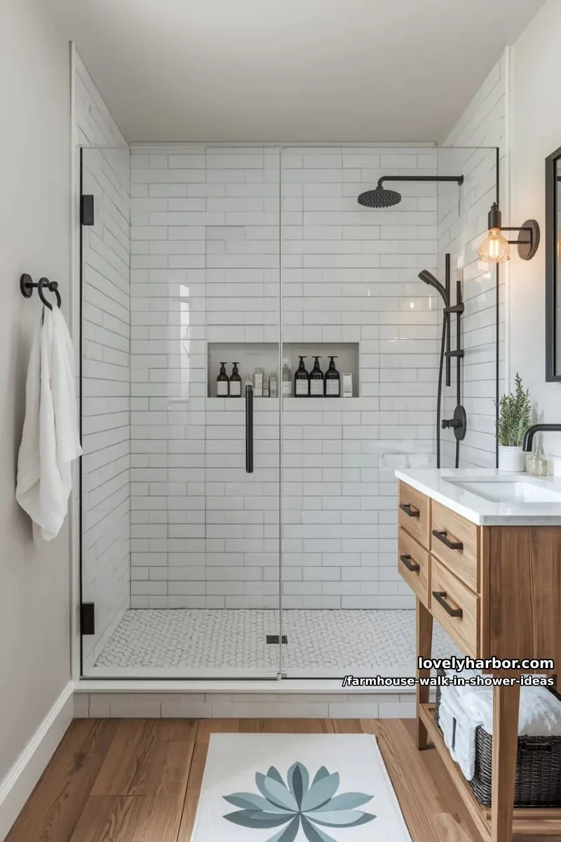 modern shower with subway tiles, hex floor, glass divider, and wooden vanity. 1