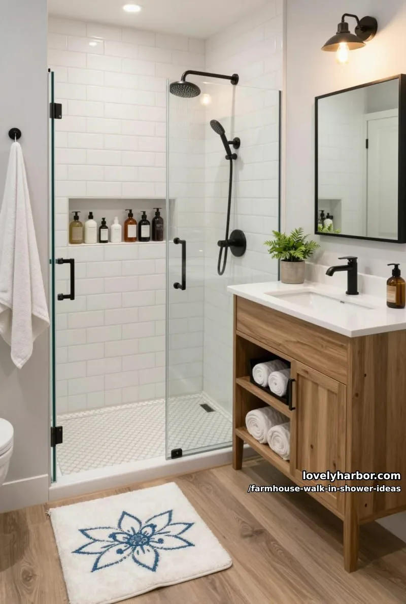 modern shower with subway tiles, hex floor, glass divider, and wooden vanity. 1