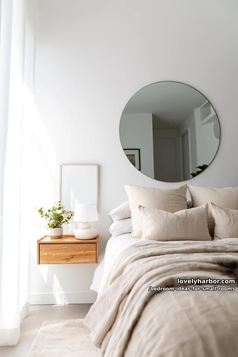 modern small bedroom with floating nightstand and large round mirror. 1