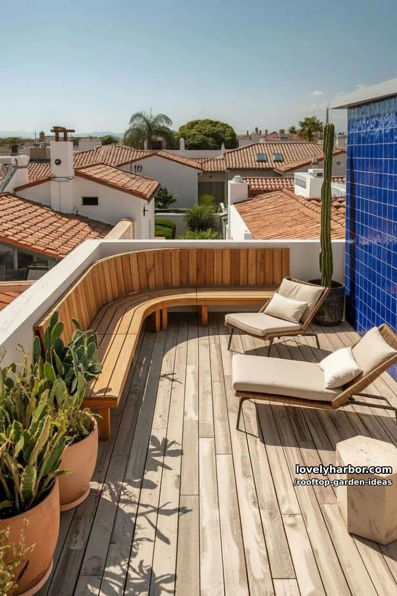 modern terrace with potted cacti, curved bench, lounge chairs, and blue tile wall. 1