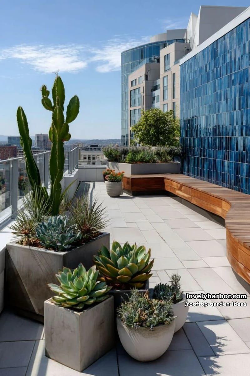 modern terrace with potted cacti, curved bench, lounge chairs, and blue tile wall. 1