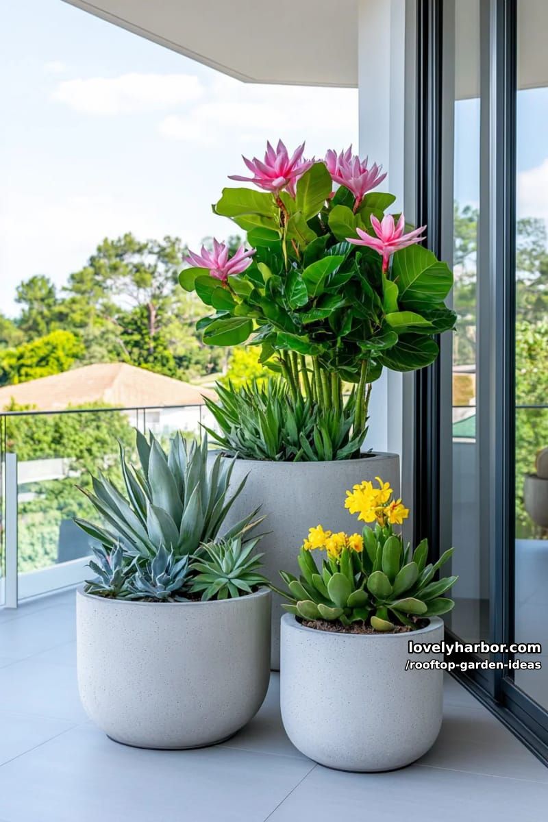 modern terrace with white planters, succulents, frangipani tree, and glass doors. 1
