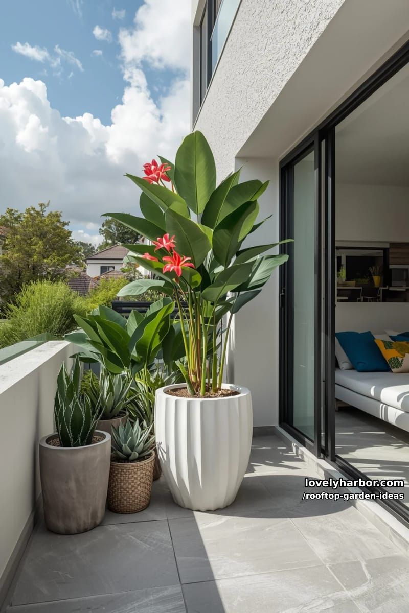 modern terrace with white planters, succulents, frangipani tree, and glass doors. 1