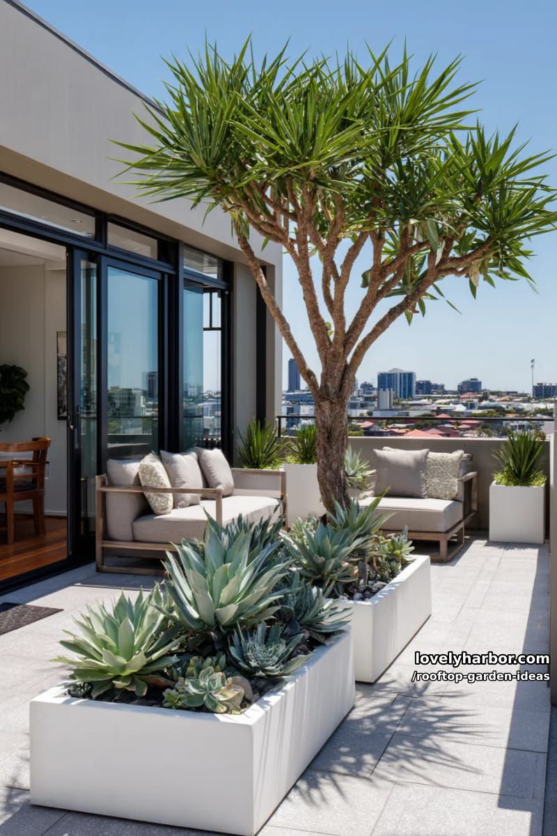 modern terrace with white planters, succulents, frangipani tree, and glass doors. 1