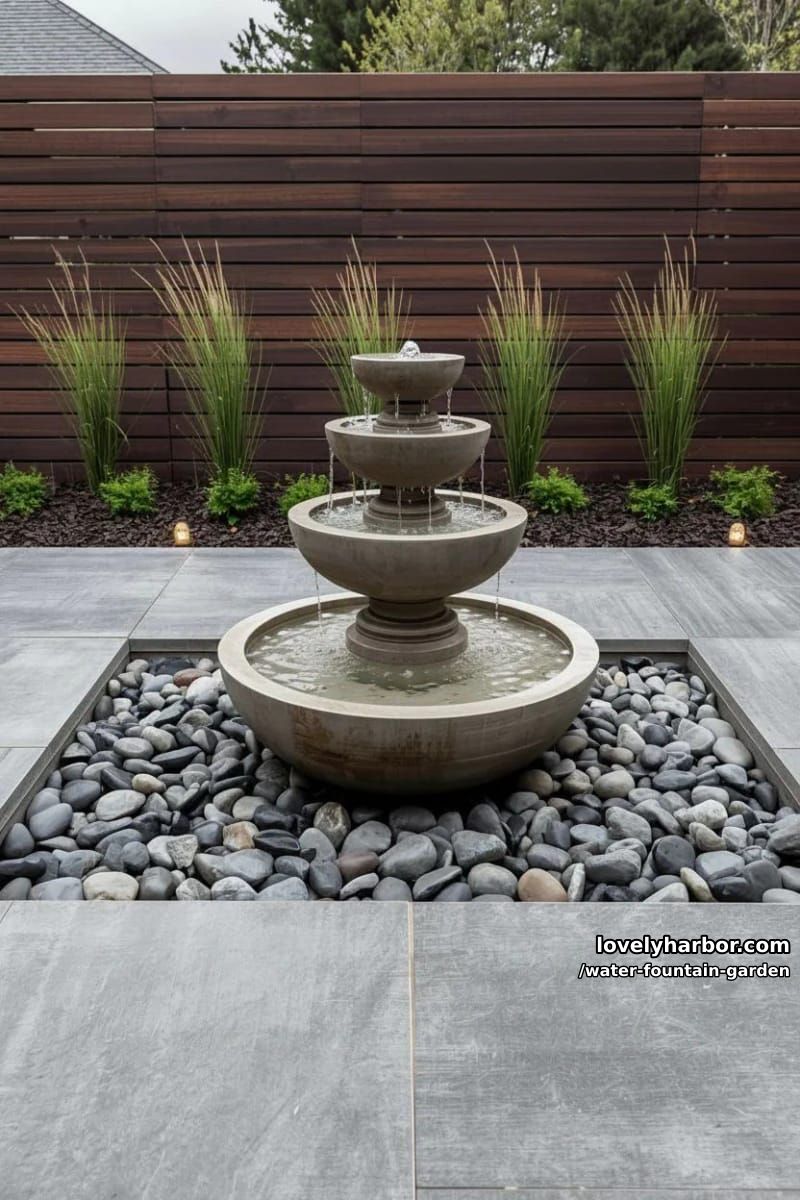 modern three-tiered gray fountain with river stones and contemporary patio. 1