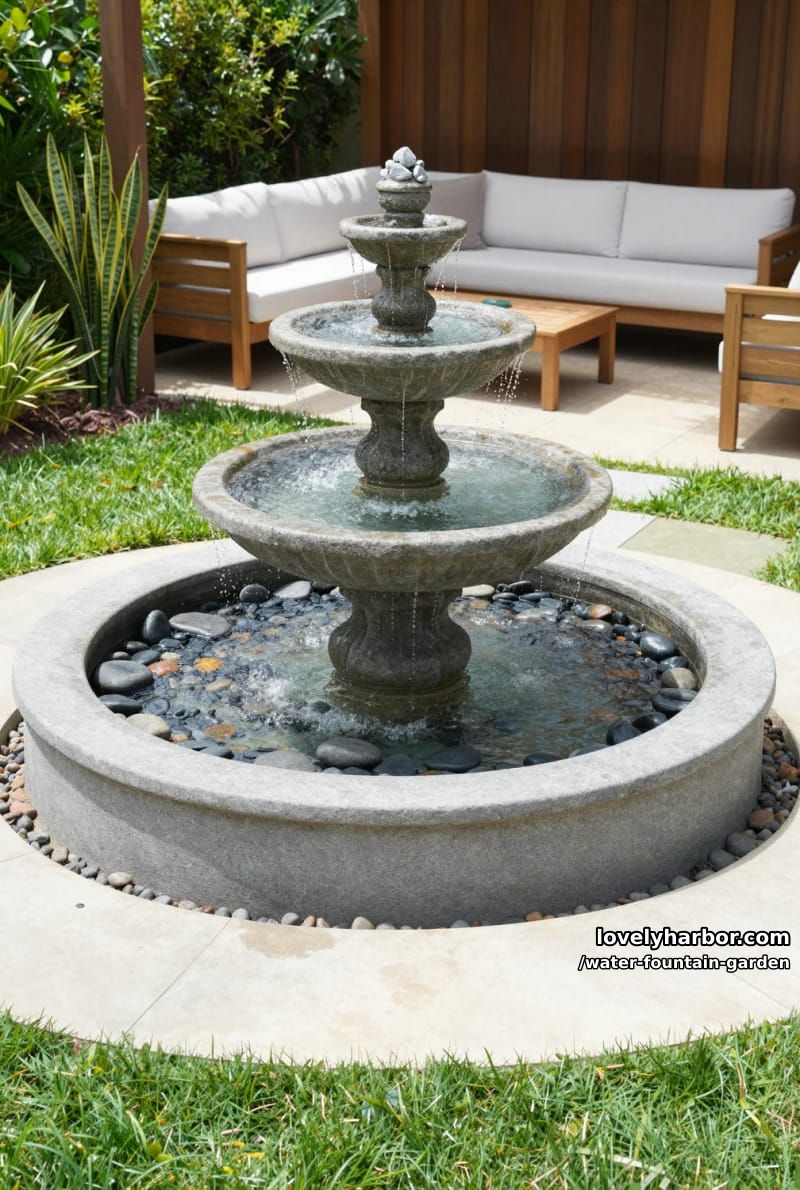 modern three-tiered gray fountain with river stones and contemporary patio. 1