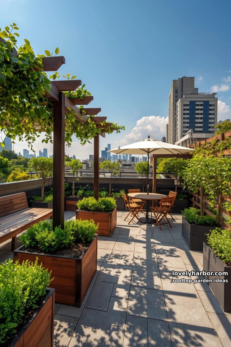 modern urban rooftop with decking, planters, shaded tables, and vertical greenery. 1