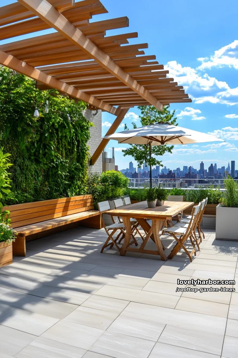 modern urban rooftop with decking, planters, shaded tables, and vertical greenery. 1