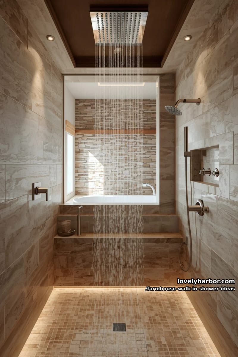 modern walk-in shower with ceiling rain fixture, beige stone tiles, and stone divider. 1
