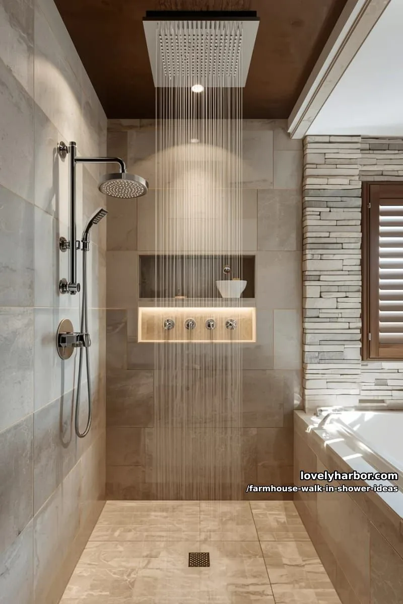 modern walk-in shower with ceiling rain fixture, beige stone tiles, and stone divider. 1