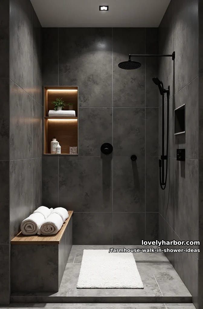 modern walk-in shower with dark slate tiles, bench, recessed shelving, and black fixtures. 1