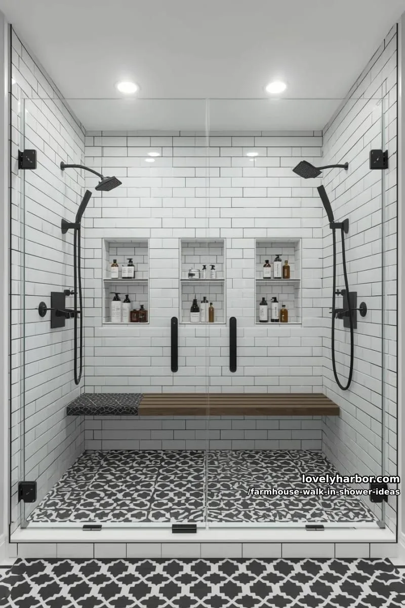 modern walk-in shower with glass doors, subway tiles, black fixtures, bench, and niche. 1
