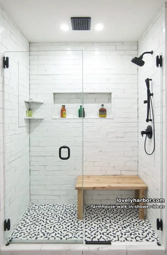 modern walk-in shower with glass doors, subway tiles, black fixtures, bench, and niche. 1