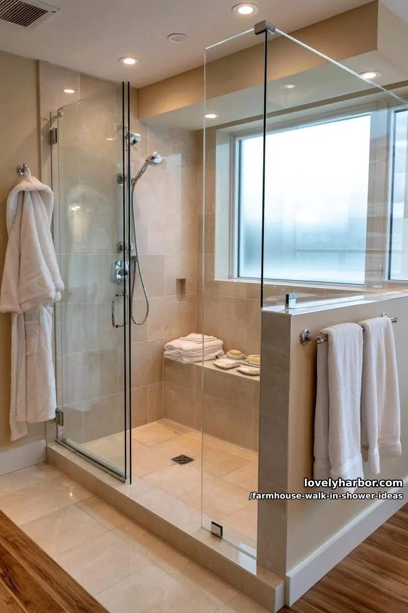 modern walk-in shower with glass enclosure, beige tiles, bench, and natural light. 1